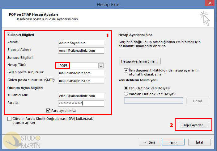 5. Aşama : POP 3 Hesap Ayarları