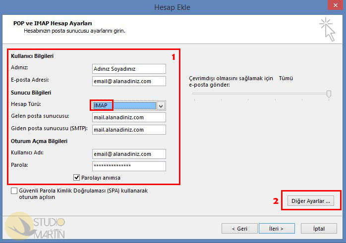 5.Aşama : IMAP Hesap Ayarları