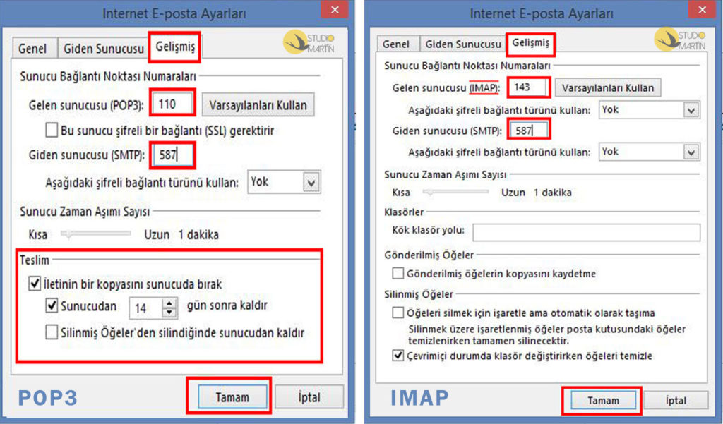 Outlook Kurulumu - Gelişmiş Sekmesi Ayarları - POP3 ve IMAP Hesap Türü Ayarları