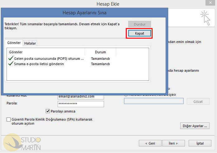 Outlook Kurulumu Hesap Ayarları Sınama Ekranı