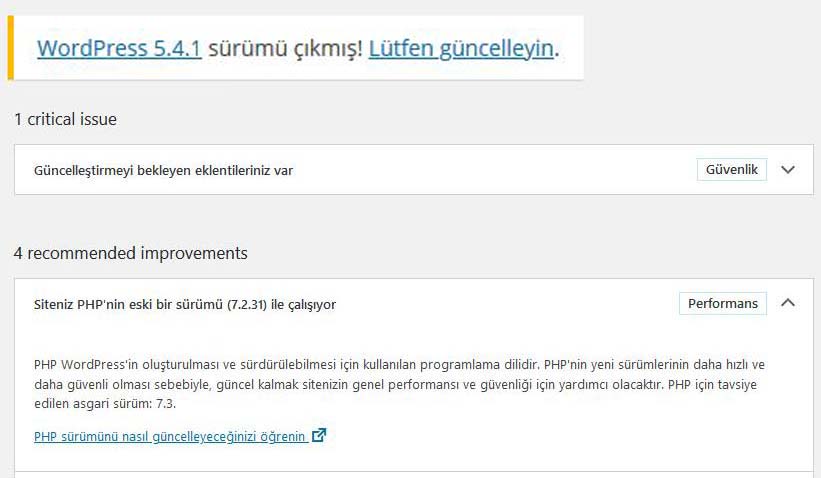 Wordpress web sitesi güncelleme bildirimleri