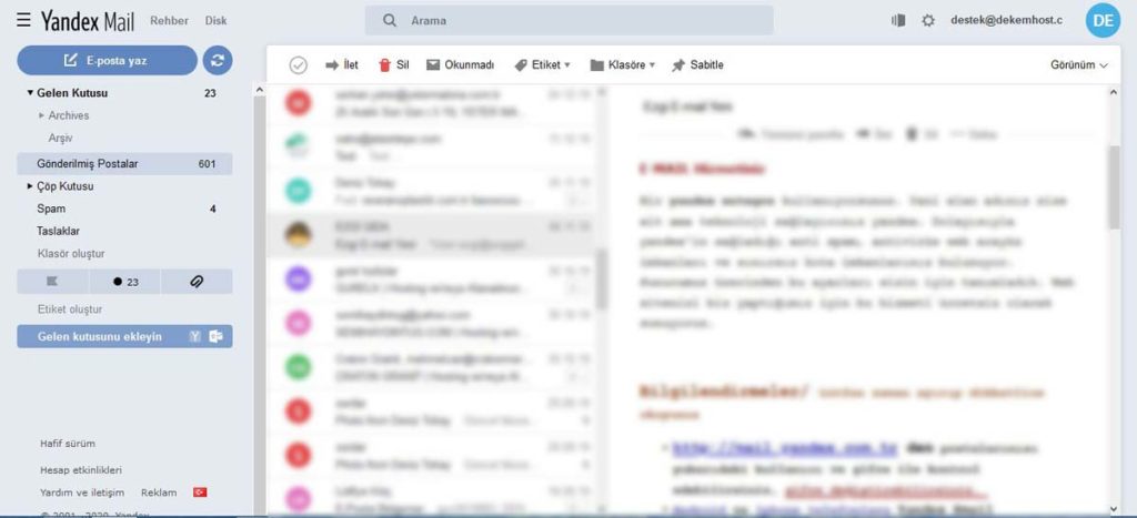 Yandex Web Mail Arayüzü